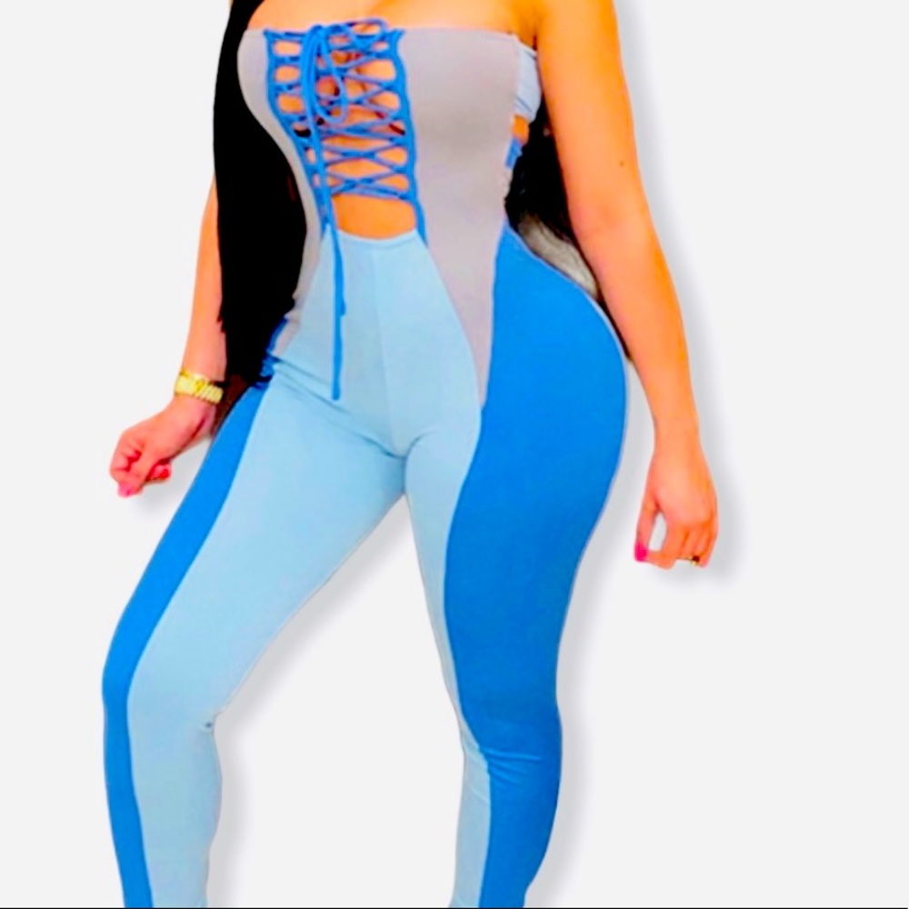 Dark Blue Sexy Lace-up Color Block Tube Jumpsuit